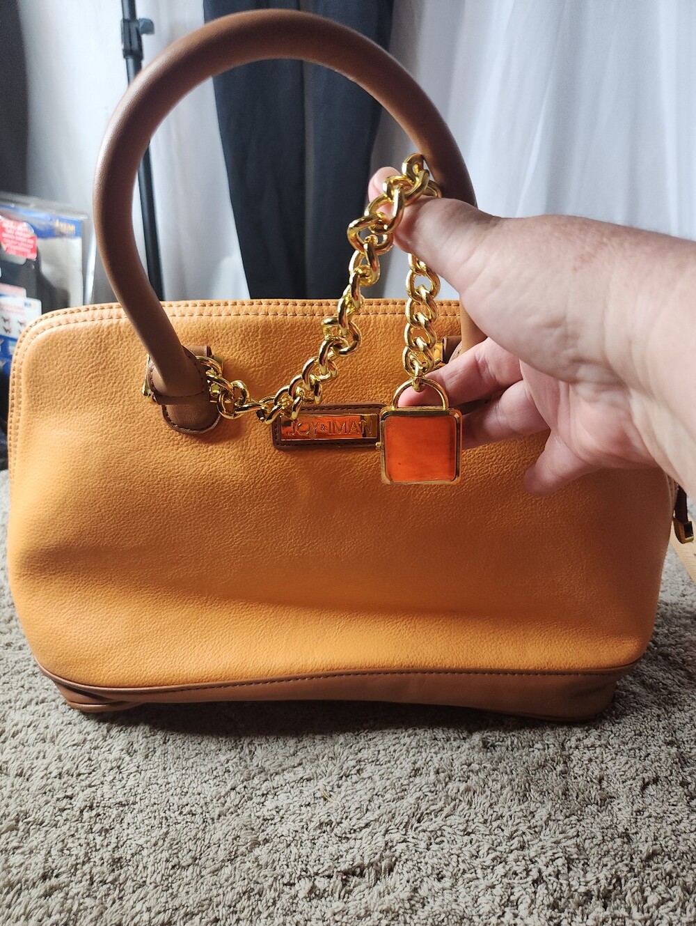 Joy & Iman Cognac Yellow Leather Shoulder Bag With Wallet, Watch & Mirror